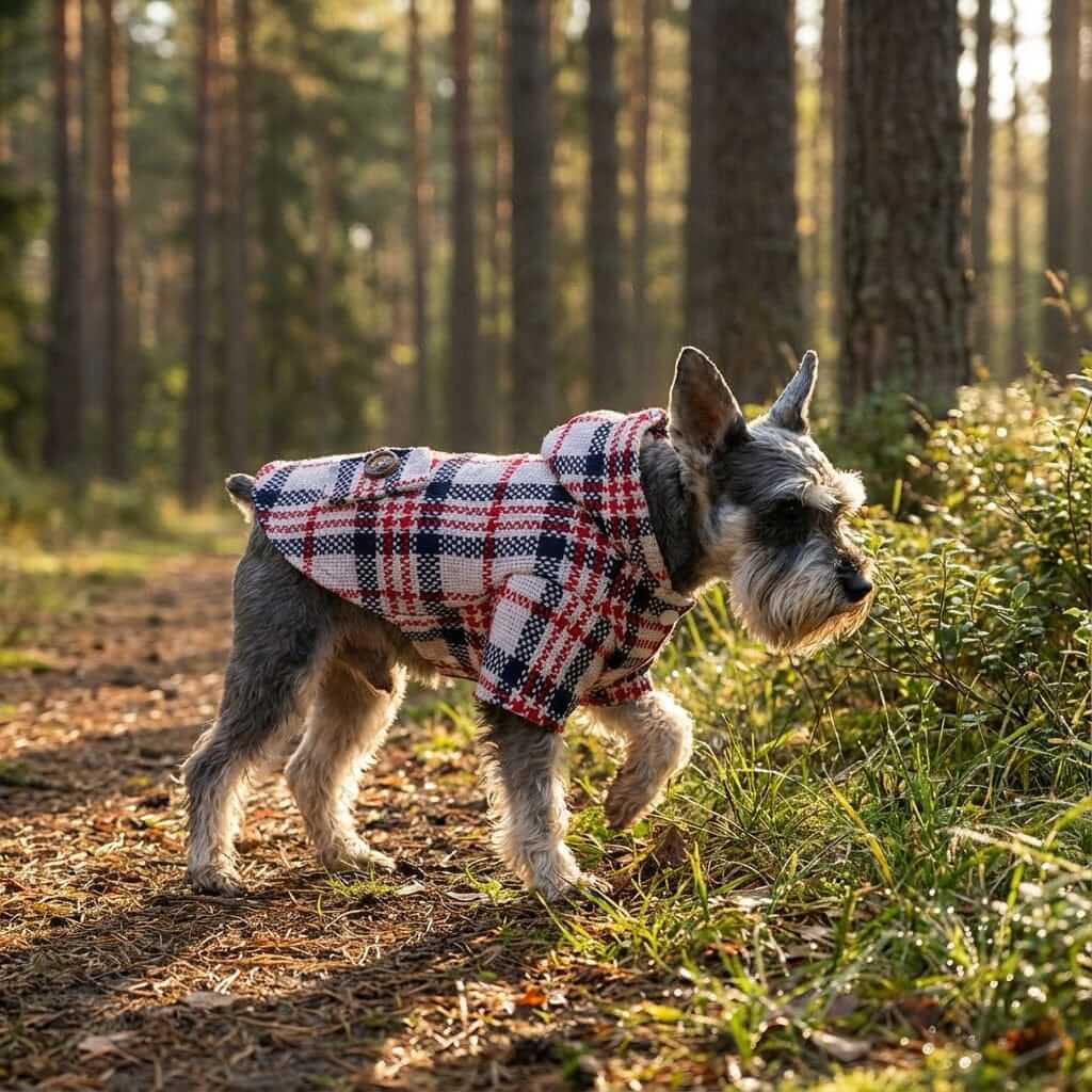 Plaid Hooded Dog Coat on a small dog walking in the woods, featuring an elegant plaid design by Dogs & Cats.