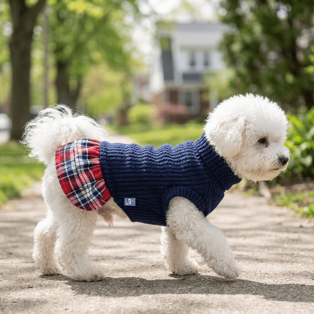 Plaid Skirt Princess Dog Dress on a fluffy dog, featuring breathable fabric and plaid detailing by Dogs & Cats.