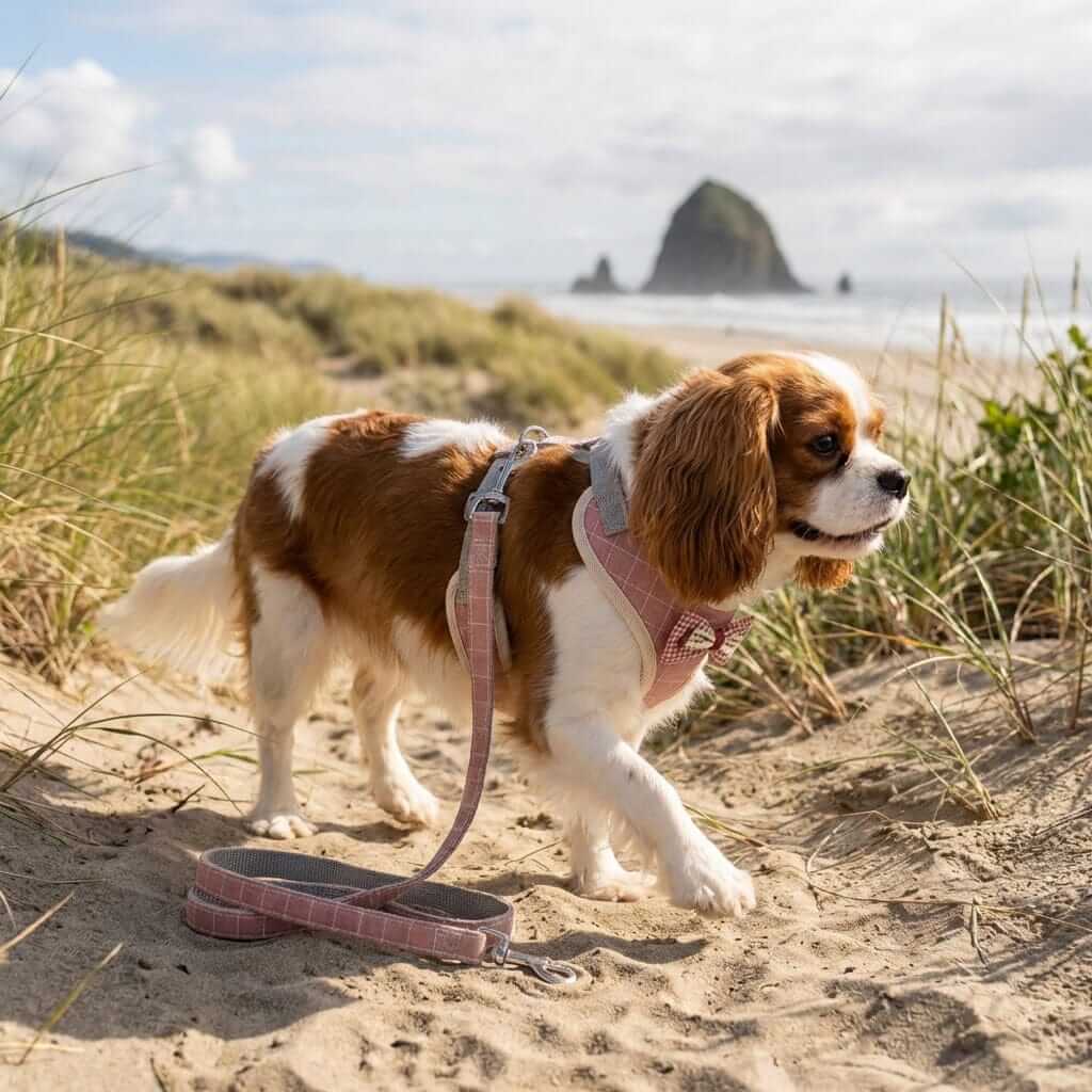 Plaid Soft Mesh Dog Harness on a Cavalier King Charles Spaniel walking on the beach, showcasing comfort and style.