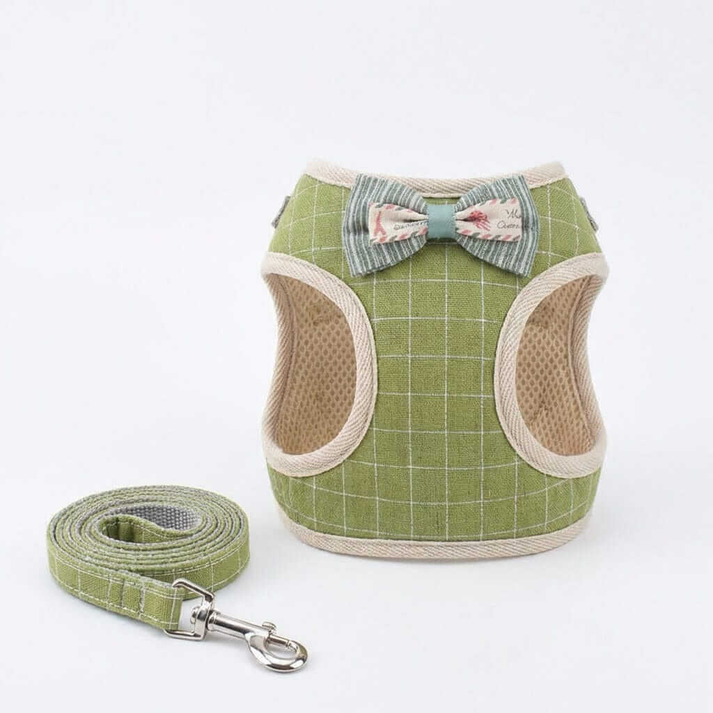 Plaid Soft Mesh Dog Harness in green with bow, breathable mesh, features soft padding for comfort, suitable for dogs and cats.