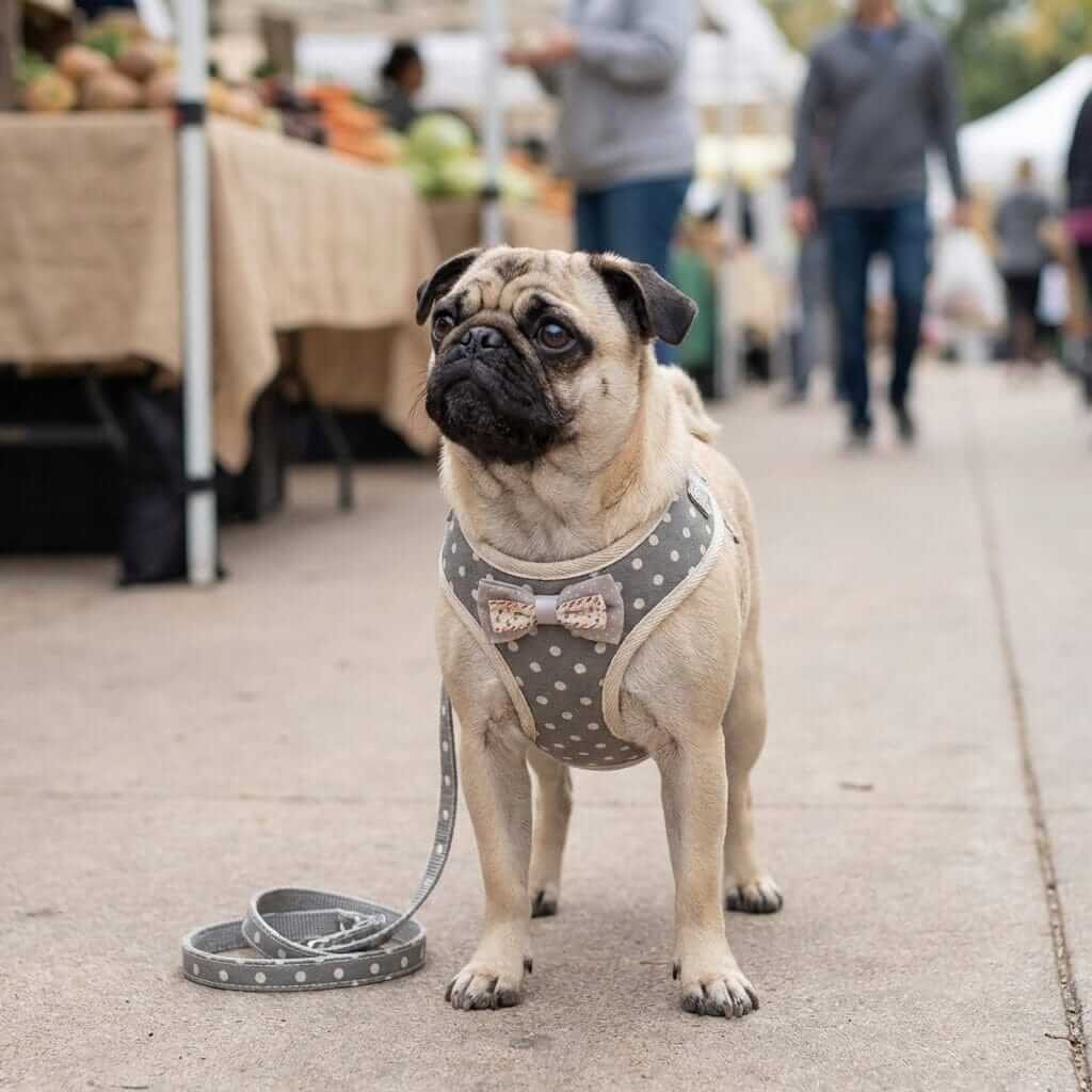 Plaid Soft Mesh Dog Harness on a pug at a farmer's market, featuring soft mesh for comfort and secure fit for dogs.
