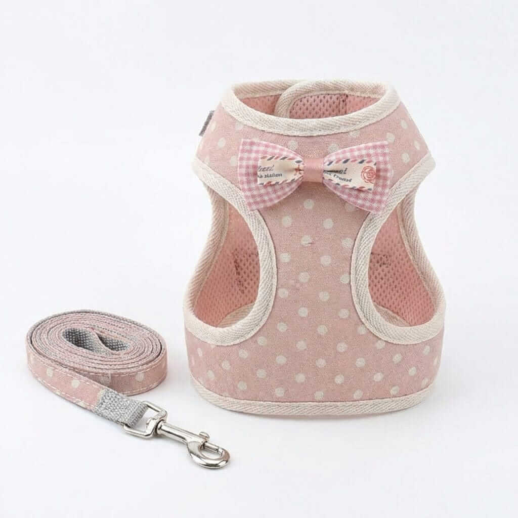 Plaid Soft Mesh Dog Harness in pink with polka dots and matching leash, designed for comfort and fit for dogs and cats.