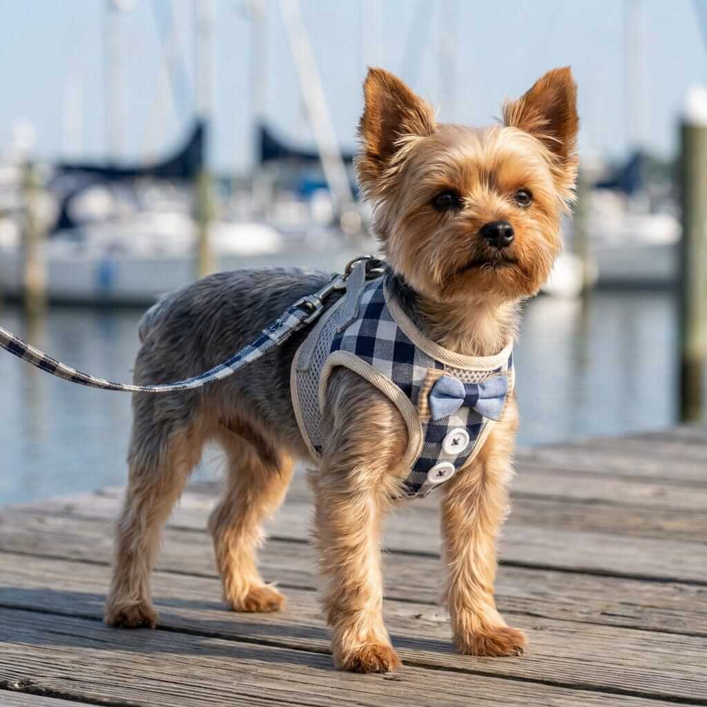 Plaid Soft Mesh Dog Harness on a small dog by the dock, featuring breathable mesh and soft padding for comfort.