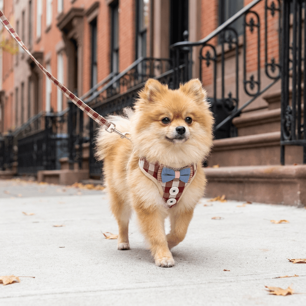 Plaid Soft Mesh Dog Harness on a fluffy Pomeranian dog walking down the street, showcasing comfort and style.
