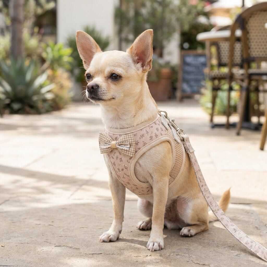 Plaid Soft Mesh Dog Harness on a Chihuahua, featuring soft padding and breathable mesh, ideal for comfort.
