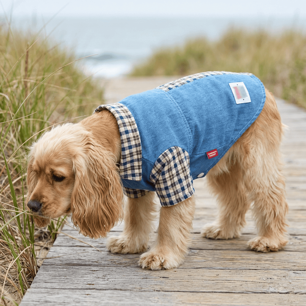 A stylish dog wearing a Plaid Stitching Bichon Poodle Shirt, showcasing easy step-in design perfect for dogs.