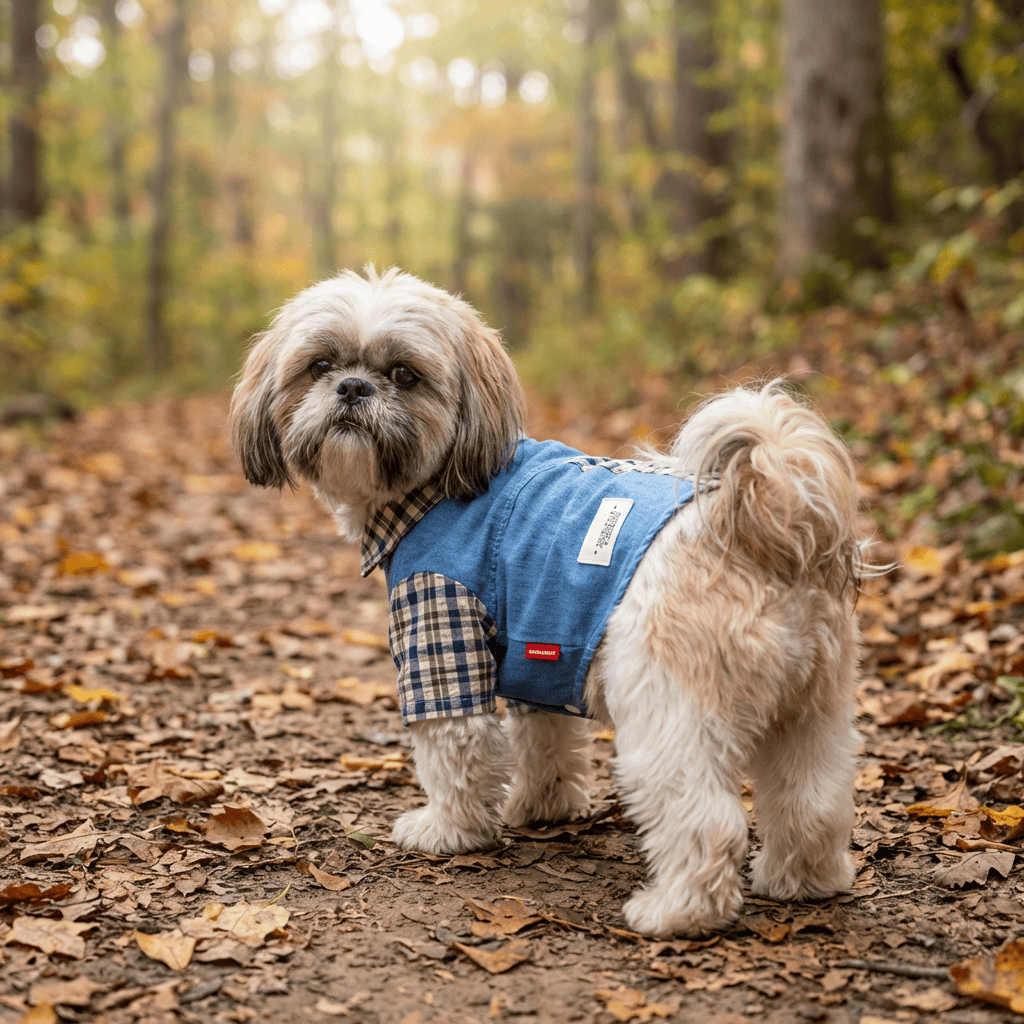 A stylish dog wearing a Plaid Stitching Bichon Poodle Shirt, perfect for dogs & cats. Casual chic outfit for furry friends.