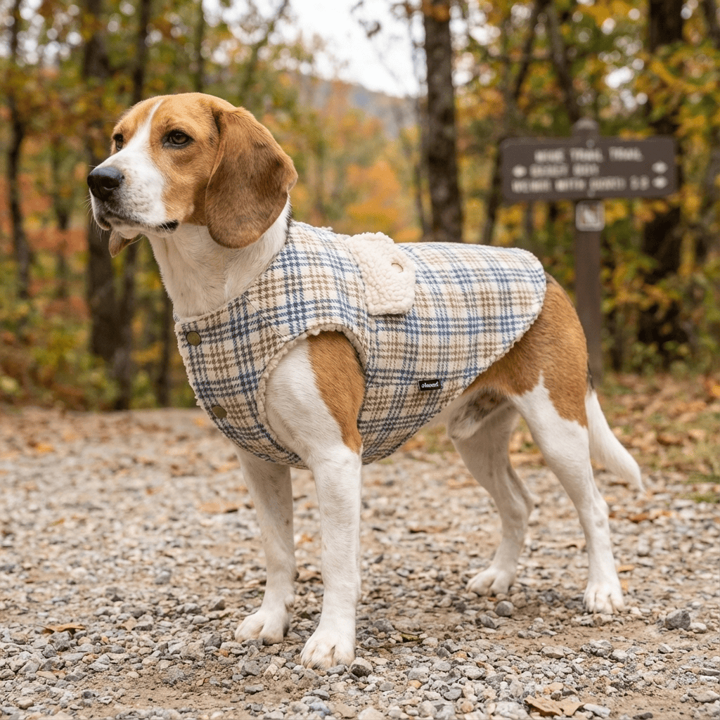 Plaid Velvet Warm Padded Dog Vest on a Beagle outdoors, featuring soft material and two-legged design for comfort.