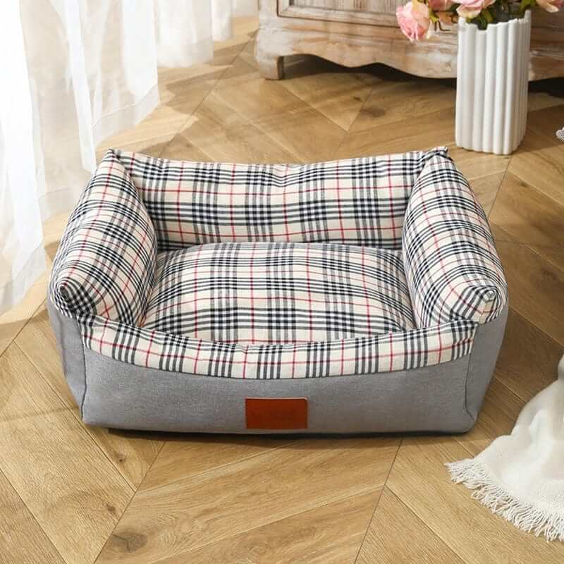 PlaidPaws Pet Bed Lounger, cozy pet bed for dogs and cats, soft breathable materials, retro plaid design.