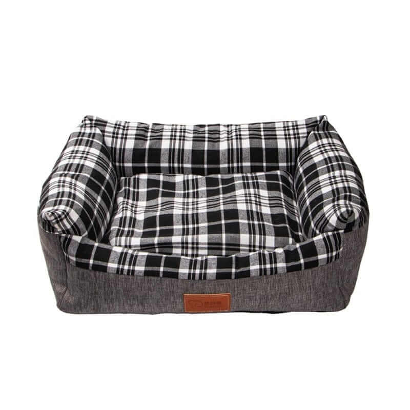 PlaidPaws Pet Bed Lounger, stylish pet bed for dogs & cats, soft breathable fabric, cozy plaid design.