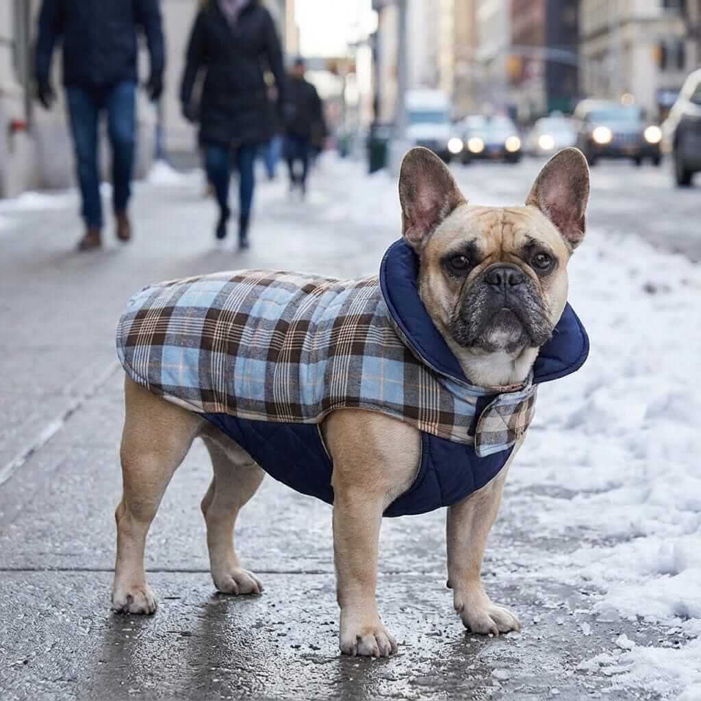 PlaidShield Waterproof Dog Jacket on a French Bulldog, stylish plaid design, perfect for winter outings.