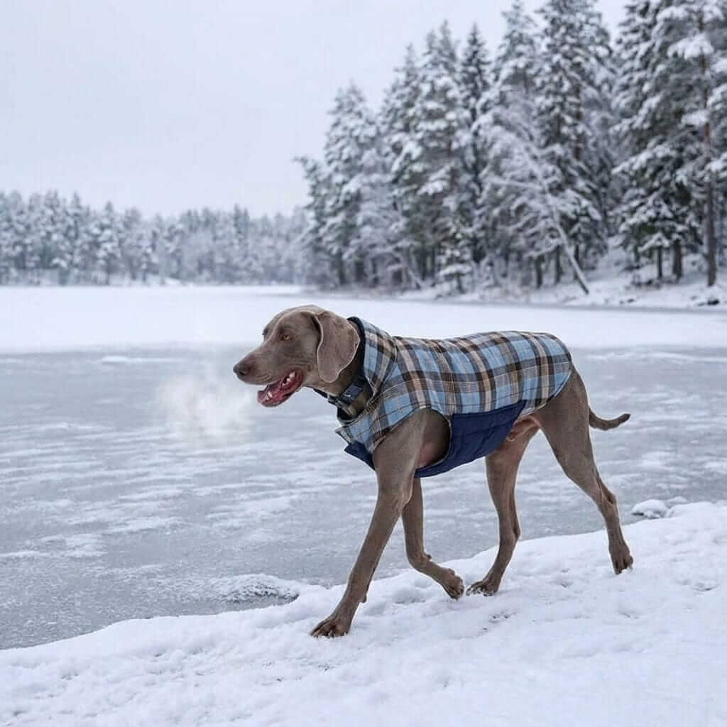 PlaidShield Waterproof Dog Jacket on a dog walking in snow with a classic plaid pattern, ideal for cold weather.