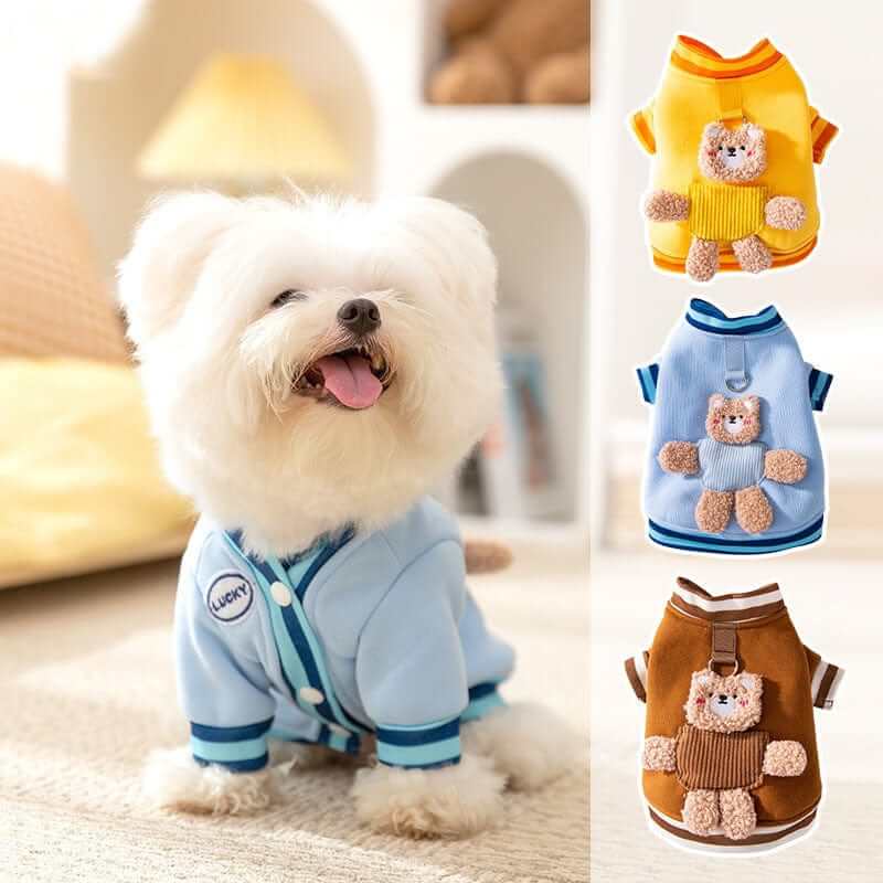 Plush Bear Pet Jacket features adorable bear design; warm coats for small dogs and cats from Dogs & Cats brand.