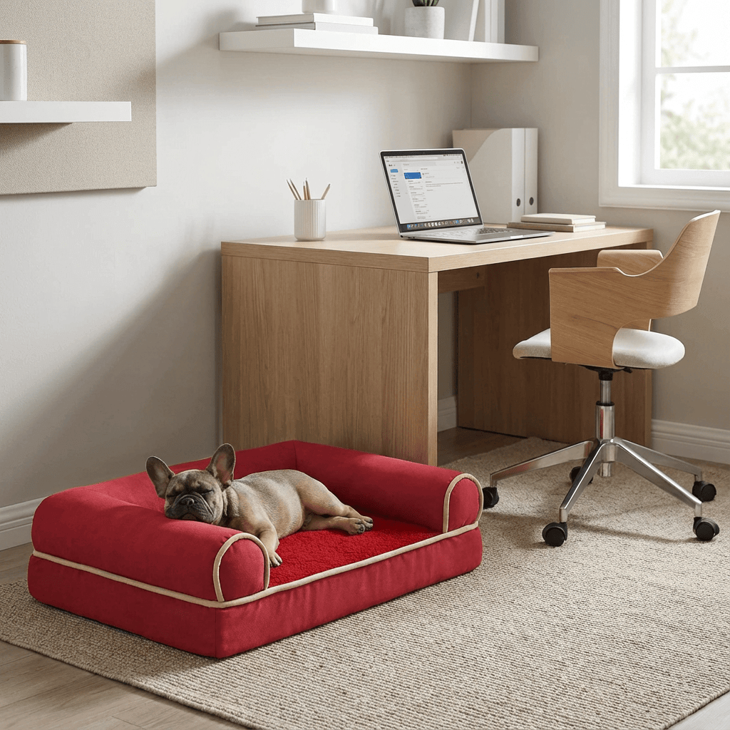 Plush Orthopedic Pet Bed Lounge with memory foam, non-slip bottom, perfect for dogs & cats, stylish red design.