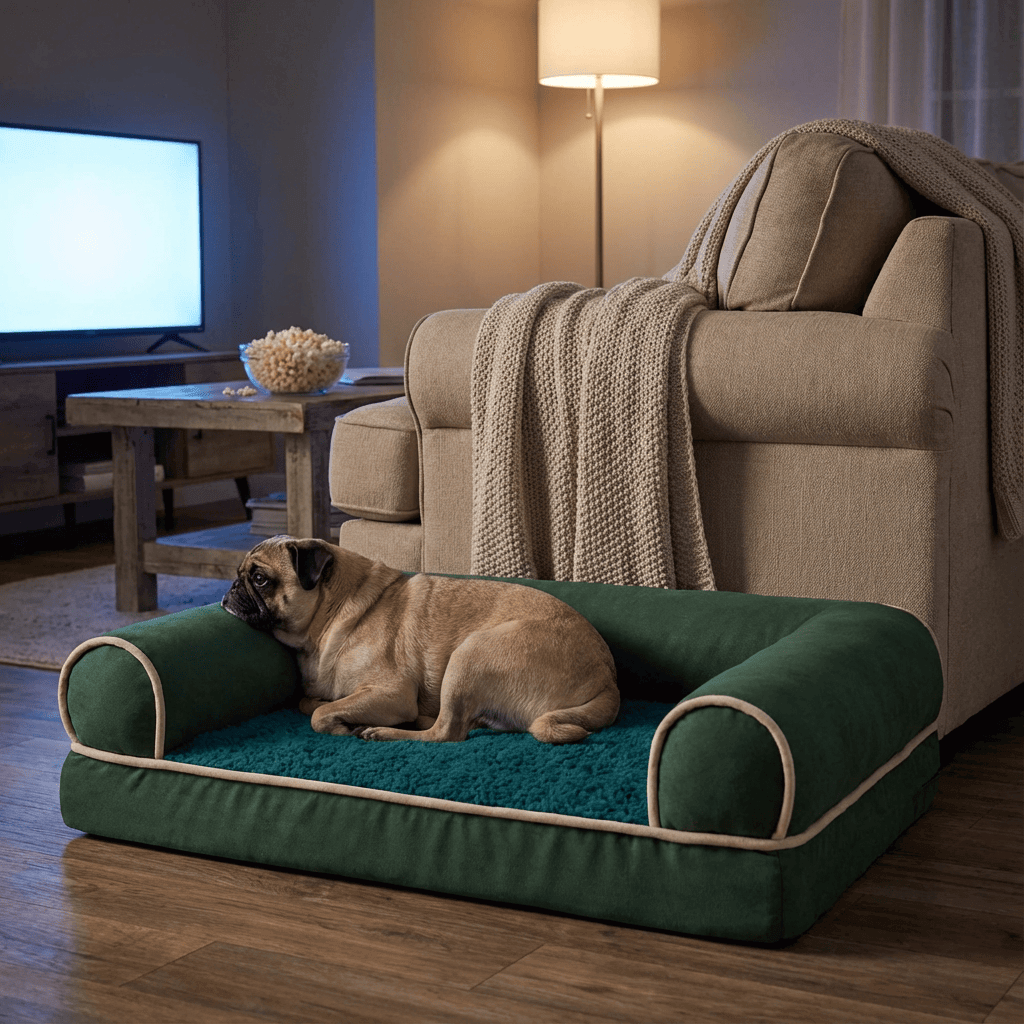 Plush Orthopedic Pet Bed Lounge with memory foam, non-slip bottom for dogs & cats in stylish living room setting.