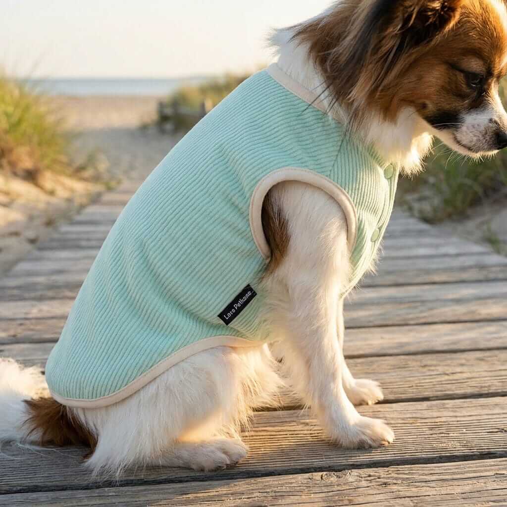 Plush Warm Dog Vest on a dog, showcasing its soft knit design for warmth and style during chilly weather.