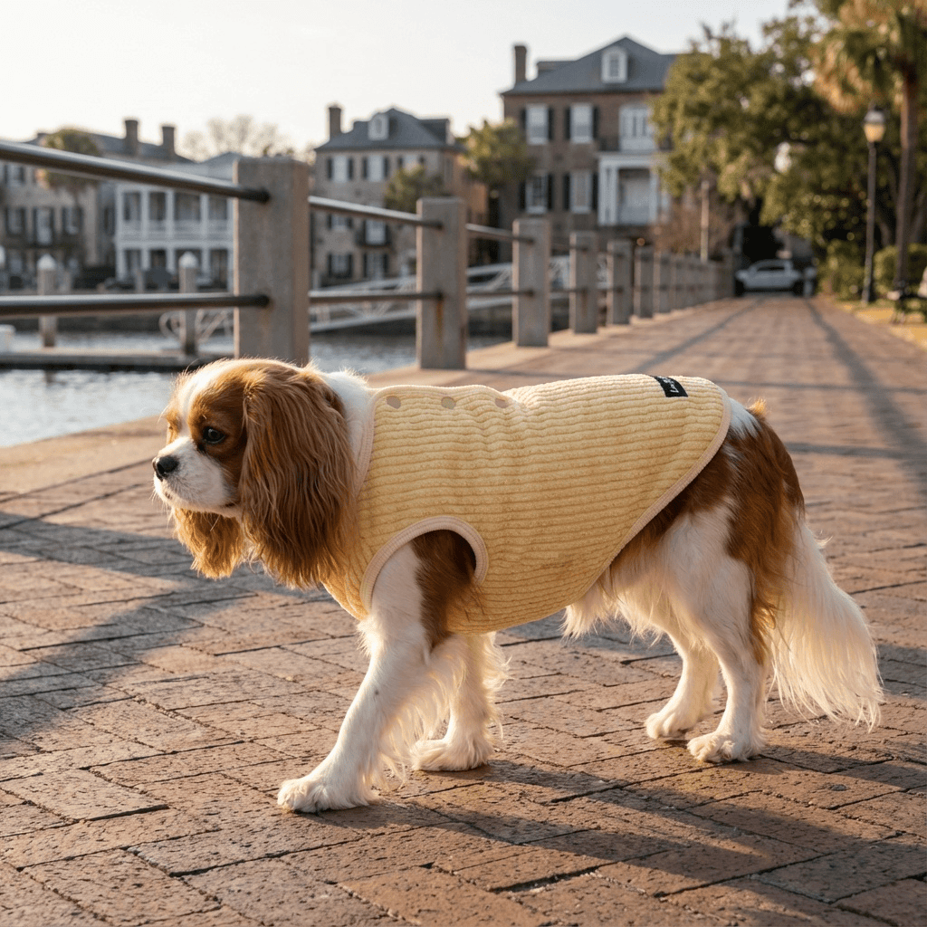 Plush Warm Dog Vest on a Cavalier King Charles Spaniel walking by the waterfront, perfect for chilly weather.