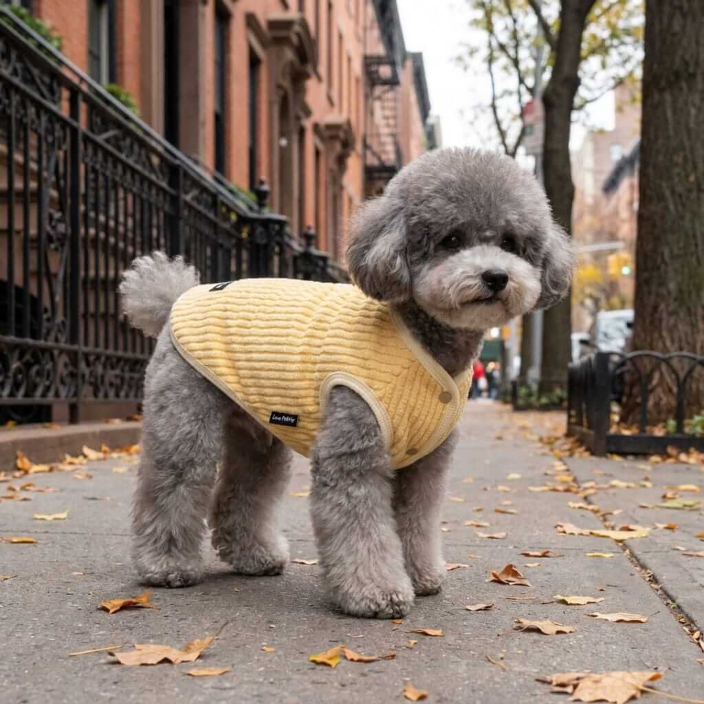 Plush Warm Dog Vest on a fluffy dog, providing style and warmth for chilly weather. Ideal for dogs & cats in fall.