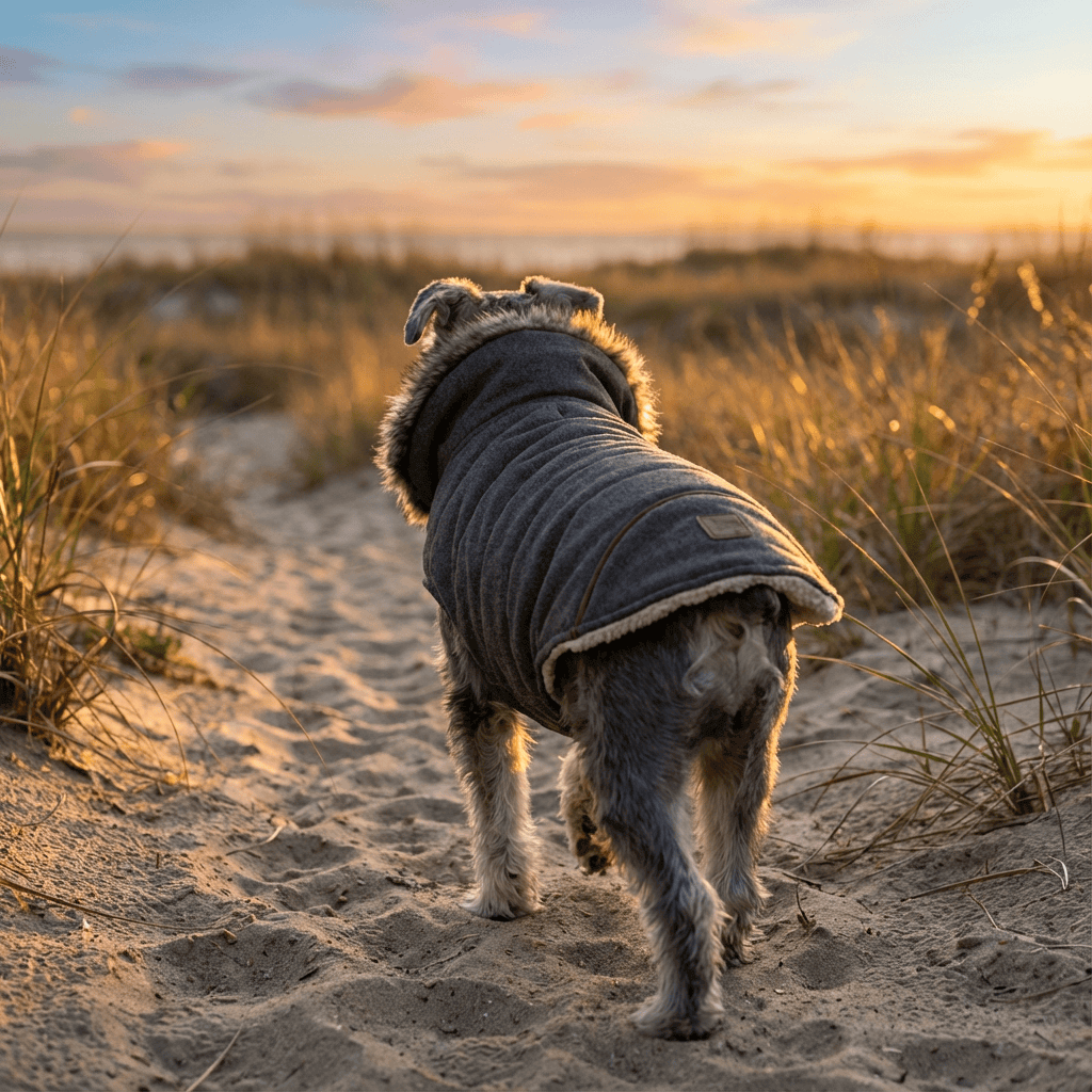 Plushy Velvet Padded Dog Coat on a dog walking on the beach at sunset, featuring cozy fleece lining and stylish design.