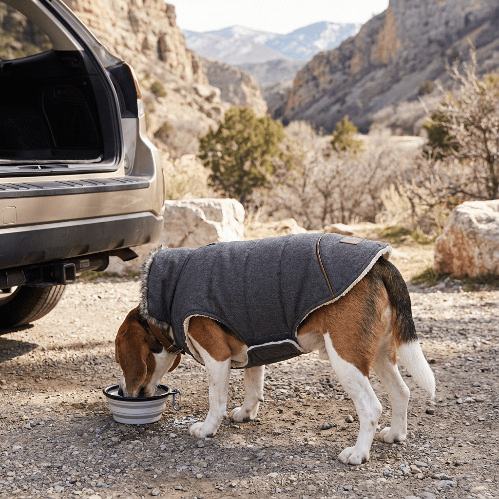 A Beagle wearing a Plushy Velvet Padded Dog Coat, drinking water near a car in a scenic outdoor setting.
