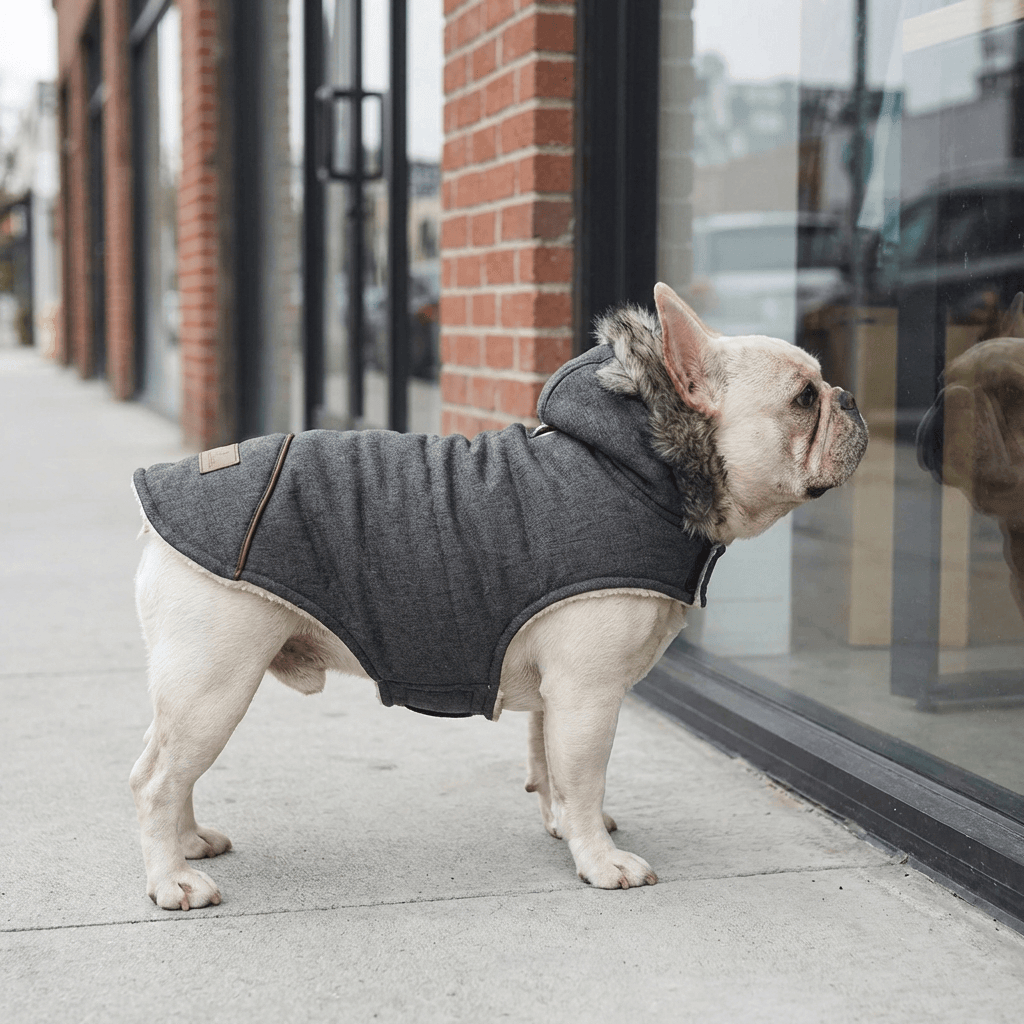 Plushy Velvet Padded Dog Coat on a French Bulldog, featuring fleece lining for warmth, perfect for Dogs & Cats.