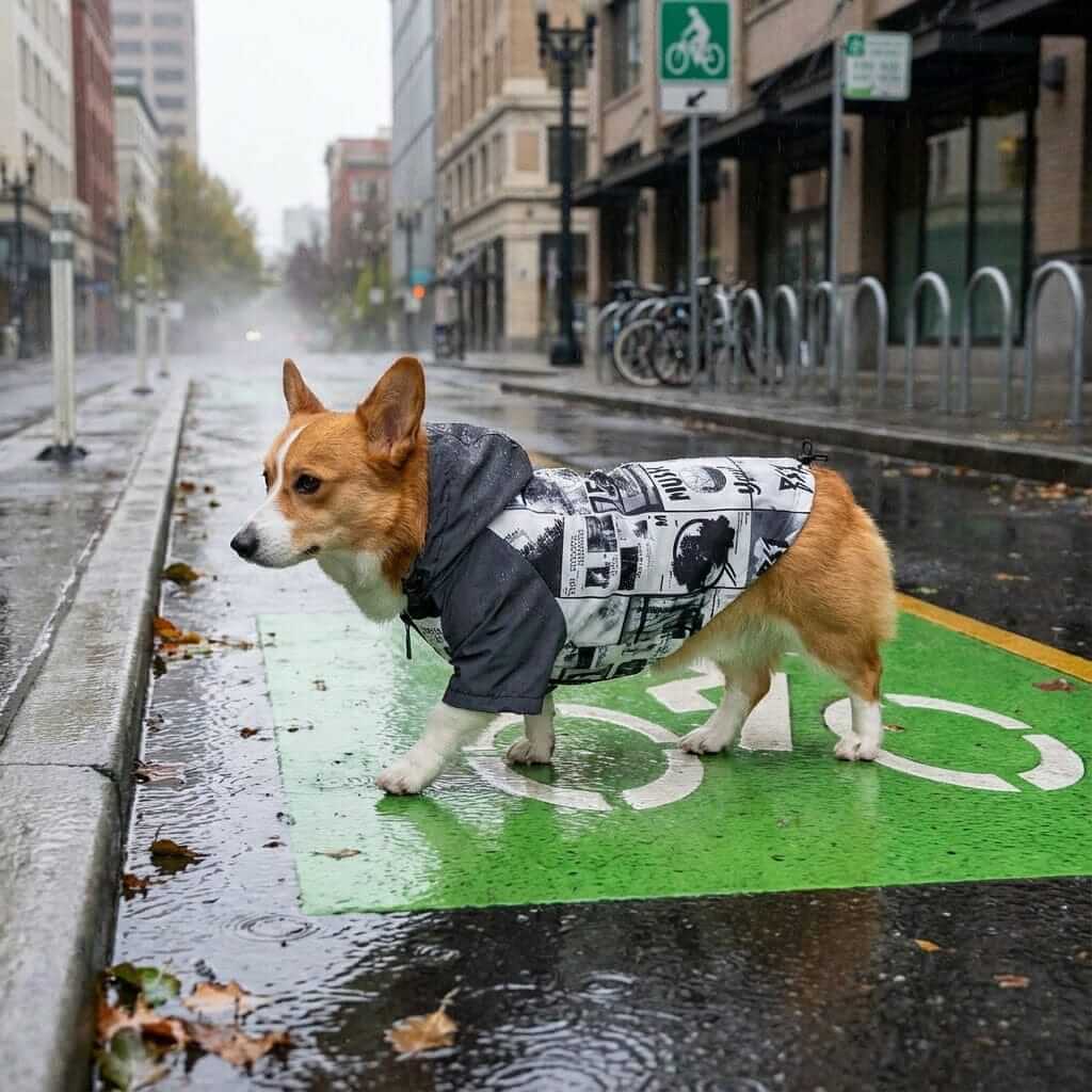 Poker Reflective Dog Raincoat on a Corgi in the rain, featuring a waterproof design and breathable hooded neckline.
