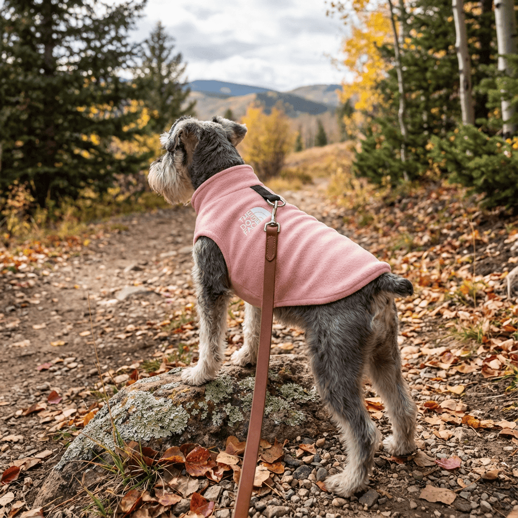 A dog wearing a Polar Fleece Dog Vest, standing on a rocky trail surrounded by autumn trees, showcasing warmth and style.