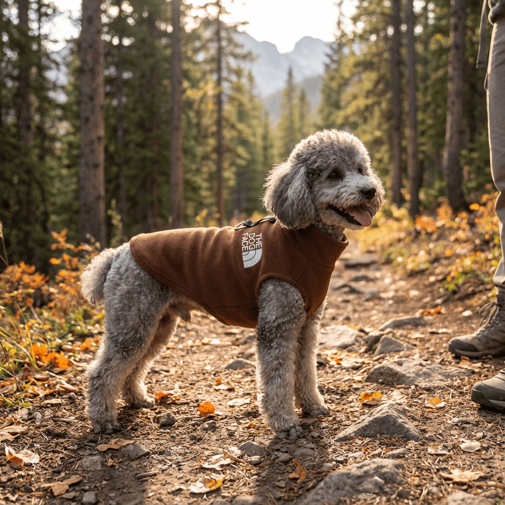 Polar Fleece Dog Vest on a dog in a forest, ensuring warmth and comfort during outdoor walks with Dogs & Cats.