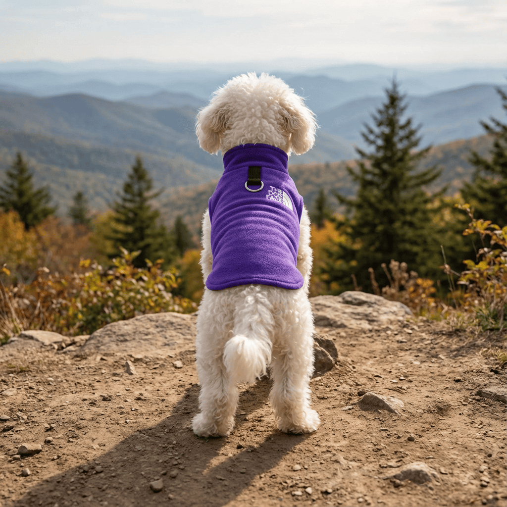 Polar Fleece Dog Vest on a small dog enjoying a scenic view in the mountains, keeping warm and secure in cold weather.