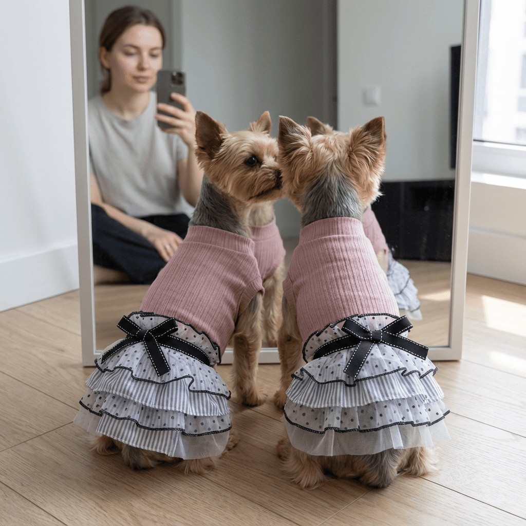 Two stylish dogs in Polka Dot Puppy Dress showcasing chic polka dots, designed for comfort from Dogs & Cats.