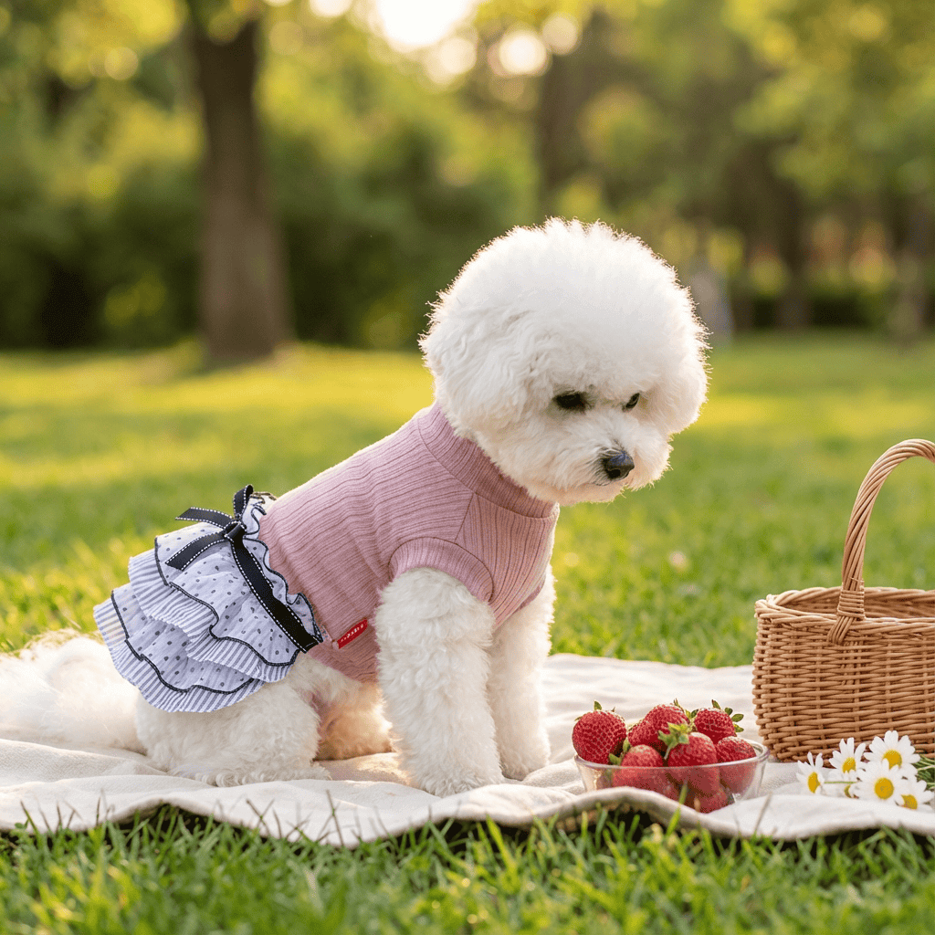 Polka Dot Puppy Dress on a fluffy dog in a park, featuring ruffles and a stylish design for spring and autumn adventures.