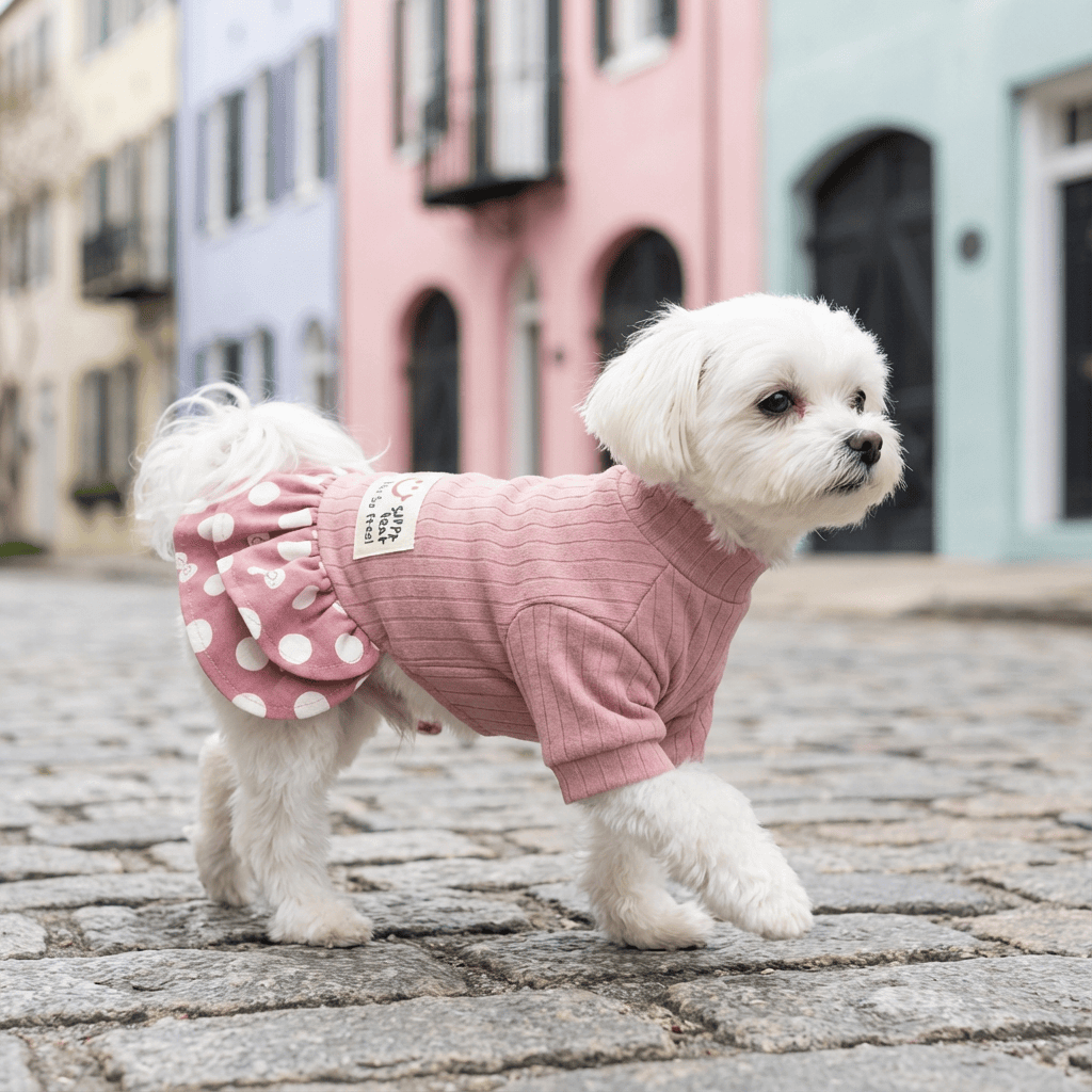 Polka Dot Sweater Pet Dress on a cute dog, featuring cotton material, short sleeves, and stylish polka dot detailing.