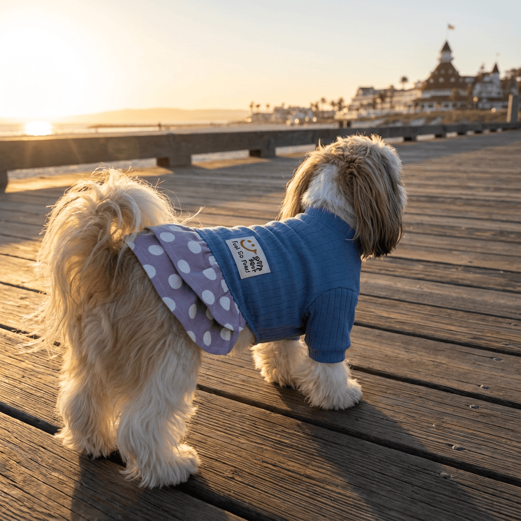 Polka Dot Sweater Pet Dress on a dog at sunset, featuring cotton material and stylish polka dot detailing, perfect for fall.