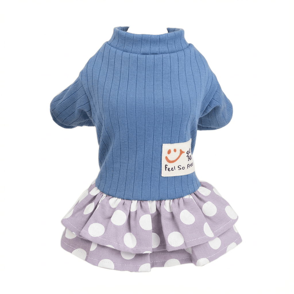 Polka Dot Sweater Pet Dress - Cute pet dress for dogs and cats featuring soft cotton, short sleeves, and stylish polka dots.