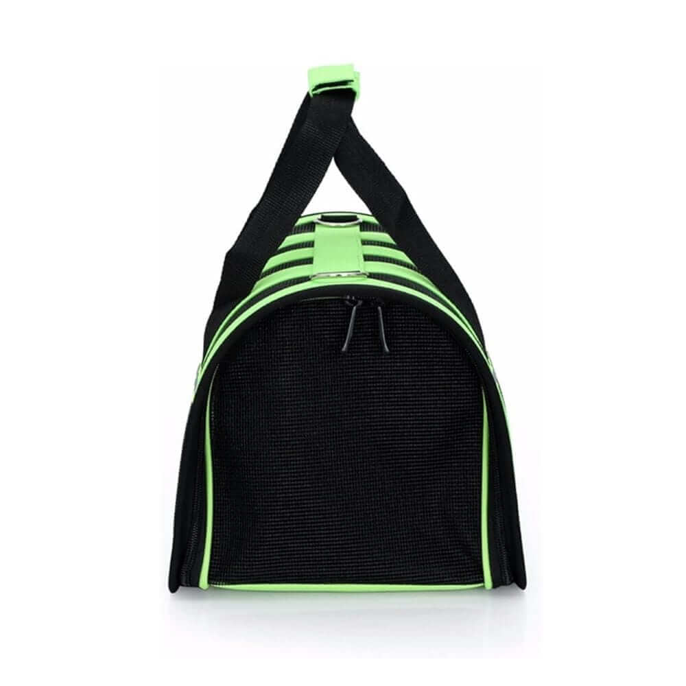 Portable Crossbody Pet Carrier with black and green design for hands-free carrying of dogs and cats.