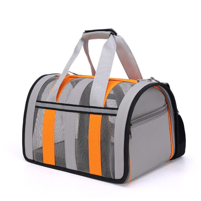 Portable Crossbody Pet Carrier in gray and orange, featuring mesh panels for ventilation, ideal for dogs and cats.