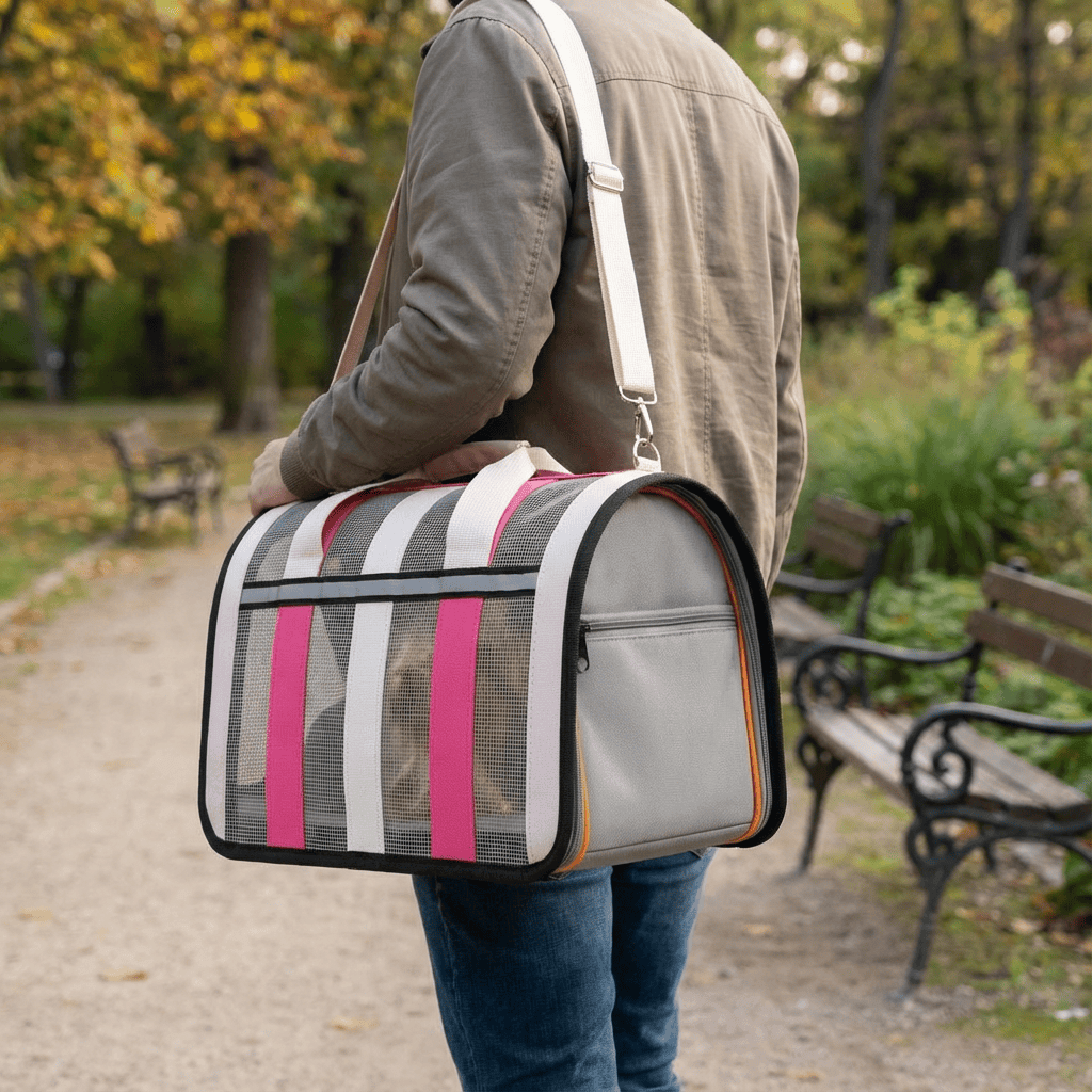 Portable Crossbody Pet Carrier for dogs & cats, featuring a hands-free design in a stylish gray and pink pattern.