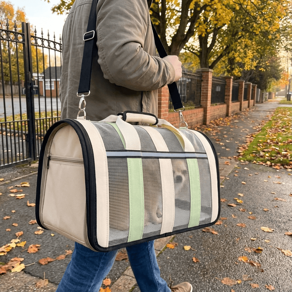 Portable Crossbody Pet Carrier for dogs & cats, hands-free travel bag with mesh panels for ventilation.