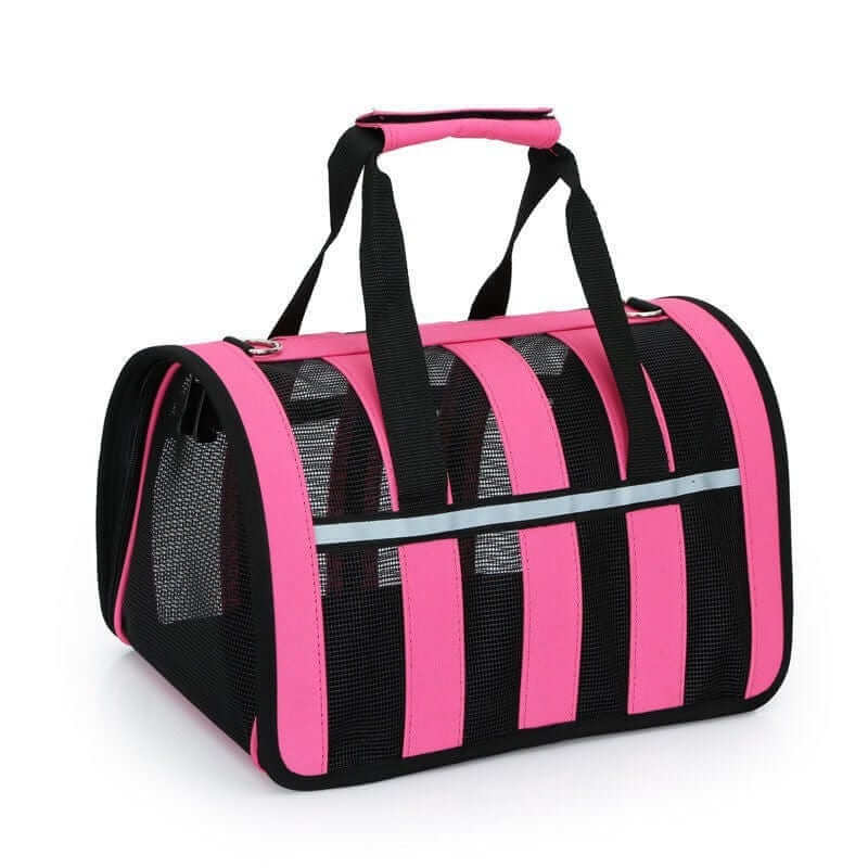 Portable Crossbody Pet Carrier in pink and black design, ideal for hands-free travel with Dogs & Cats.