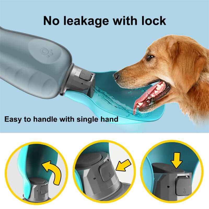 Portable Dog Water Bottle features spill-proof lock and single-hand operation for dogs and cats.