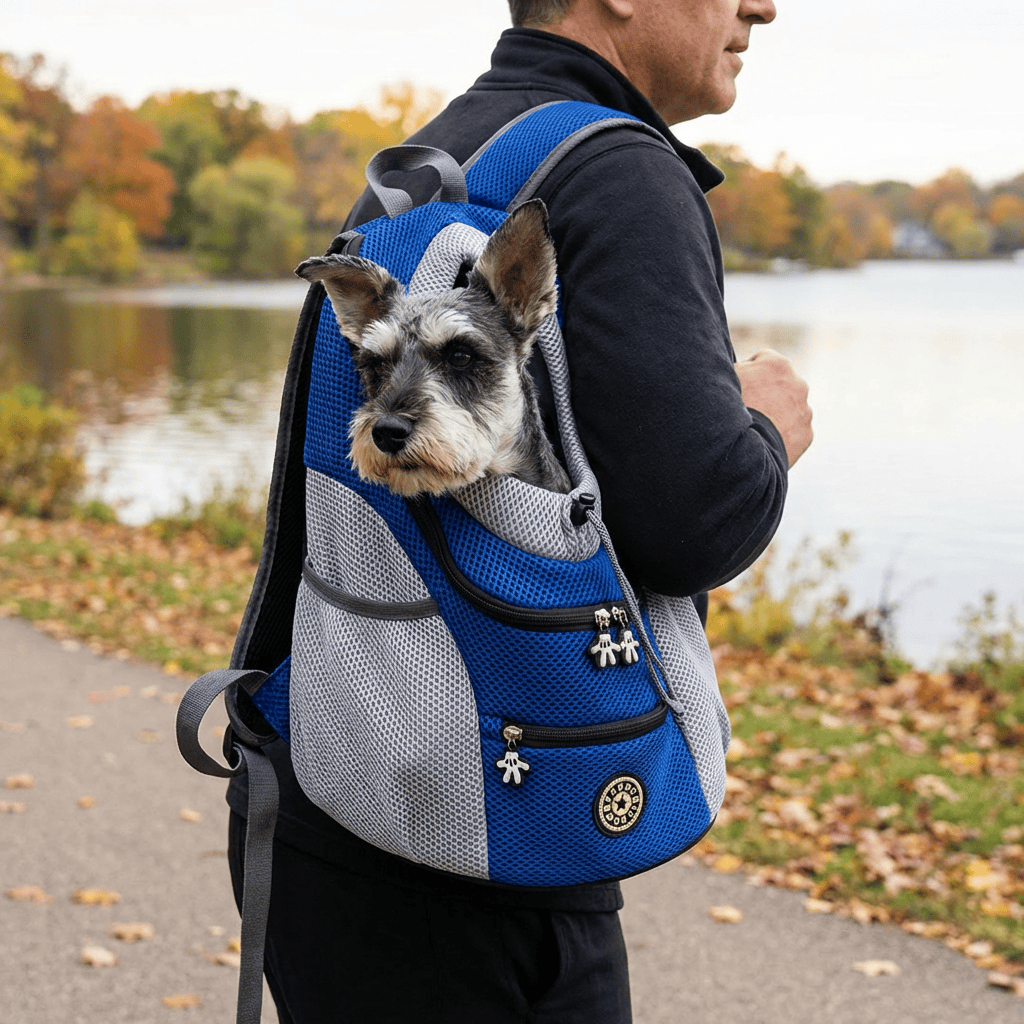 Portable Pet Carrier Chest Bag worn by a man with a dog peeking out, perfect for outdoor activities.