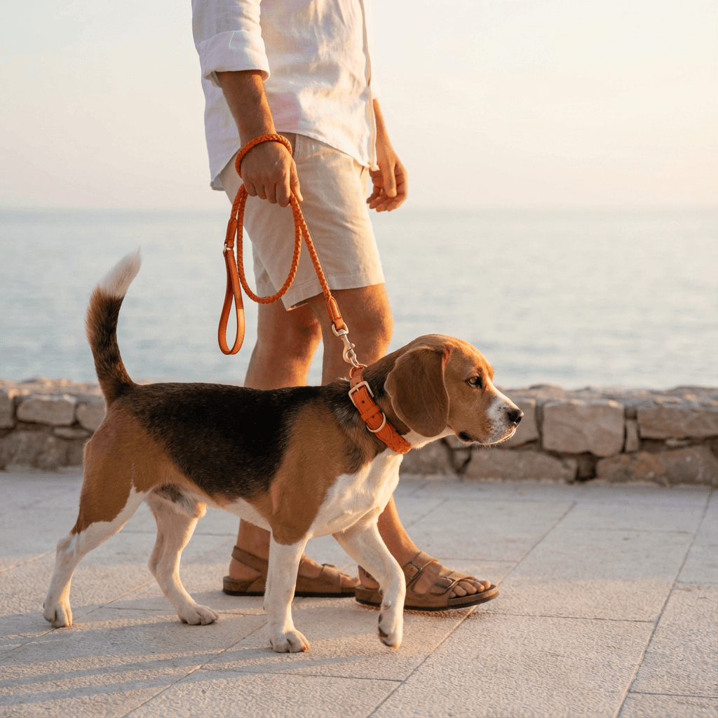 A person walks a beagle using a Premium Dog Collar and Leash Set by Dogs & Cats brand, showcasing strength and style.