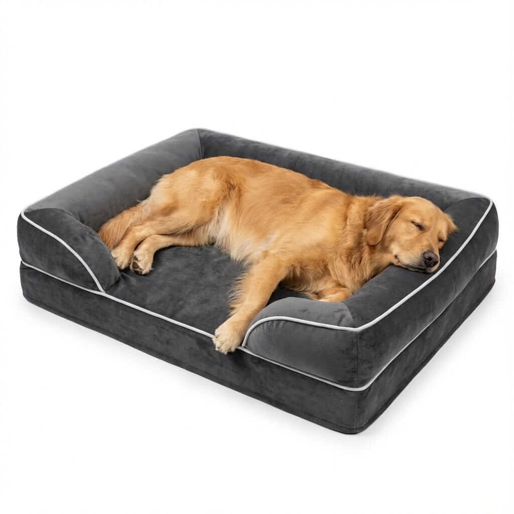 Premium Memory Foam Dog Bed in gray color featuring orthopedic design with a Golden Retriever sleeping on it.