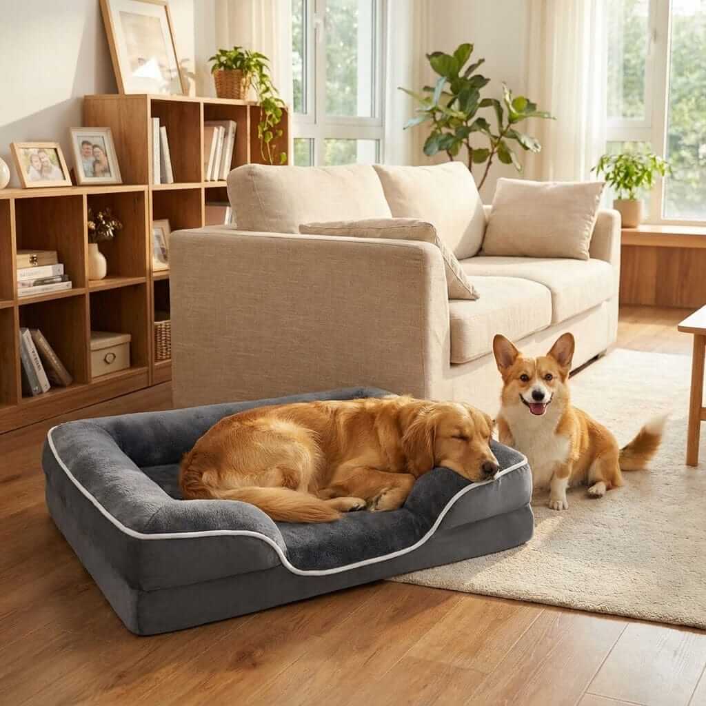 Premium Memory Foam Dog Bed with golden retriever sleeping and corgi in a cozy home setting.