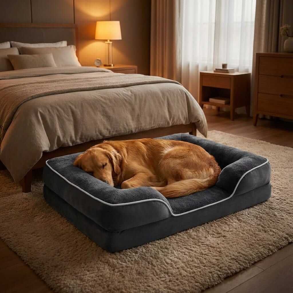 Golden retriever sleeping on a Premium Memory Foam Dog Bed in a cozy bedroom with warm lighting.