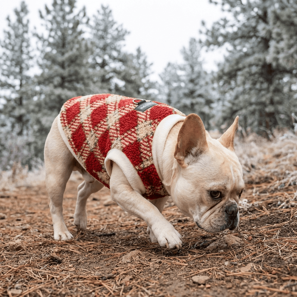 Prestige Plaid Thermal Dog Vest on a French Bulldog outdoors, offering warmth and style with a classic plaid design.
