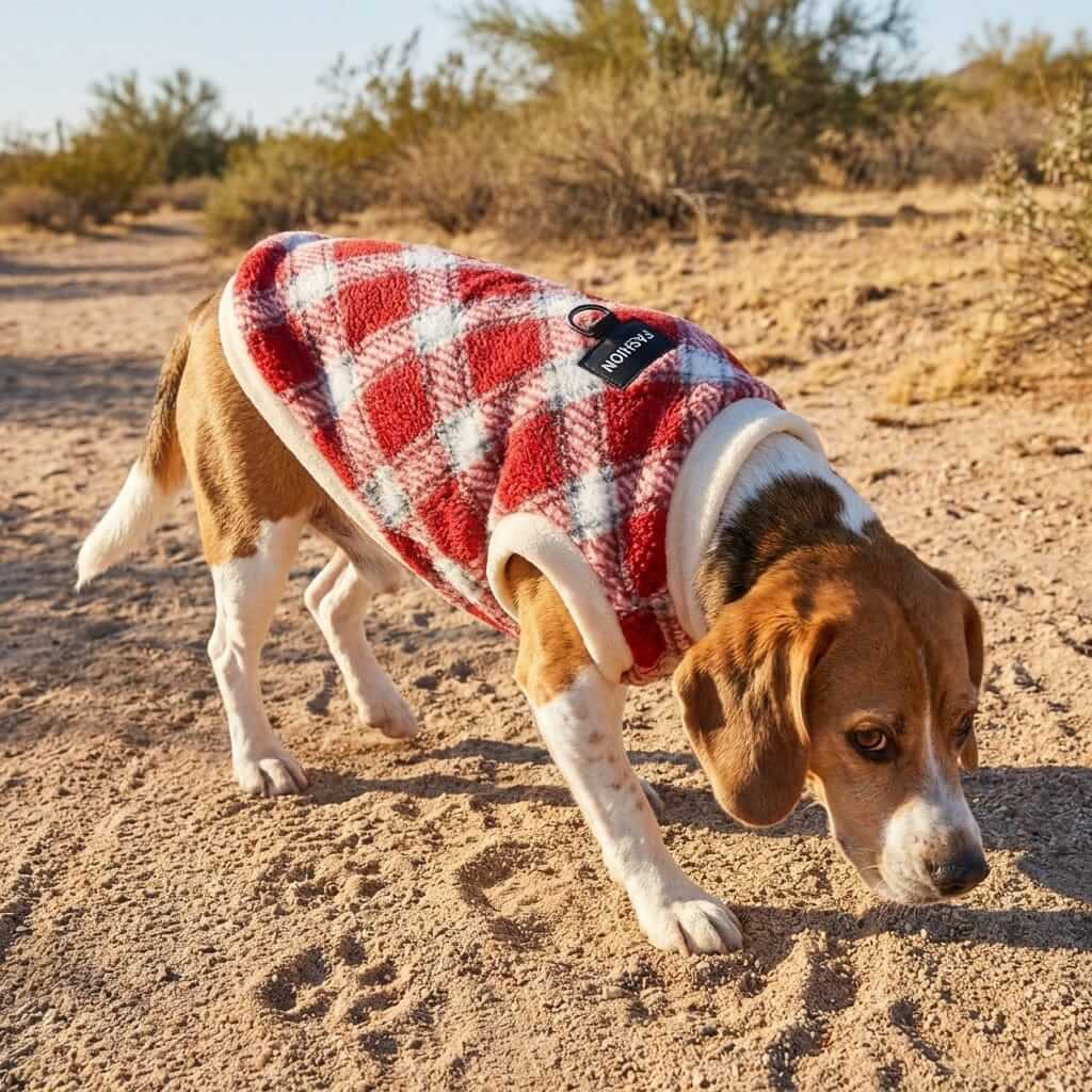 Prestige Plaid Thermal Dog Vest on a Beagle, offering warmth and style for cold weather outdoor adventures.