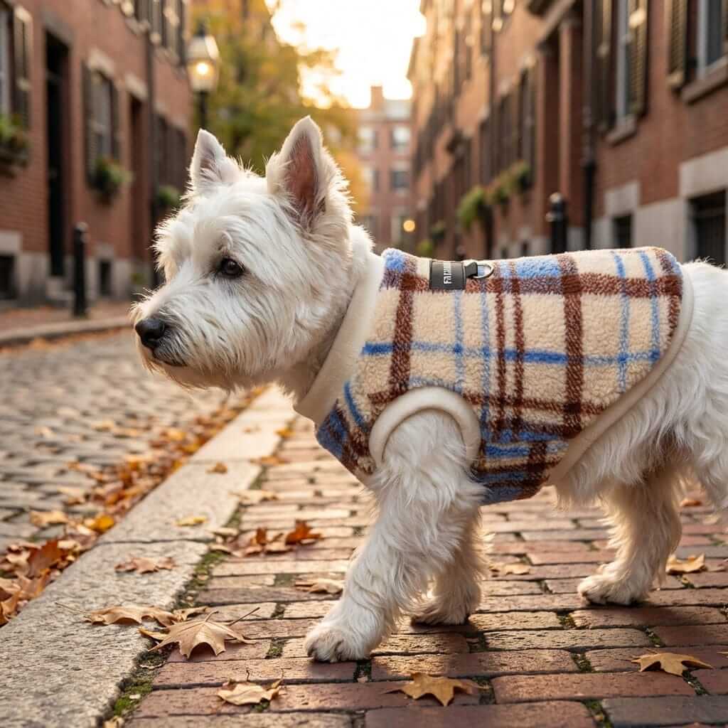 Prestige Plaid Thermal Dog Vest on a West Highland White Terrier, showcasing warmth and timeless plaid style for dogs.