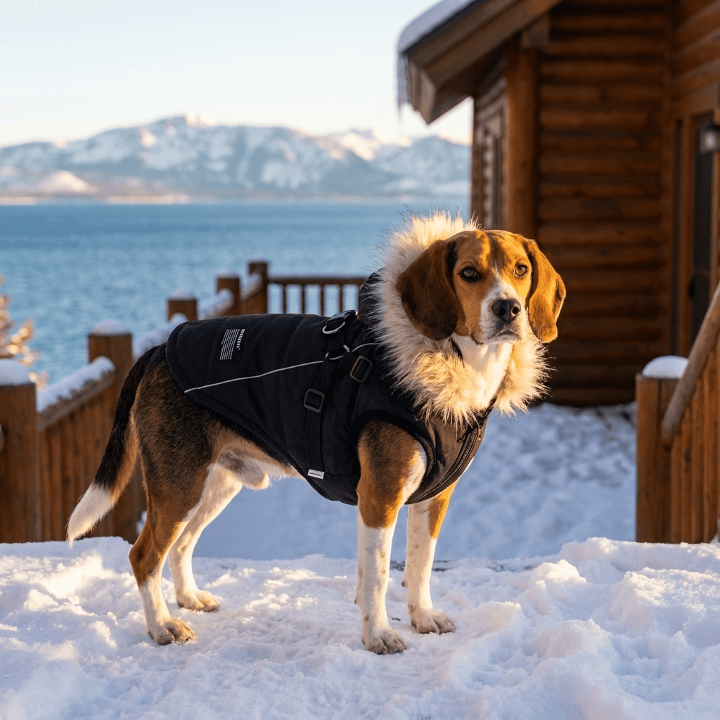 Pretty Paws Dog Coat on a Beagle in snow, featuring fur-trimmed hood & durable design, perfect for Dogs & Cats.