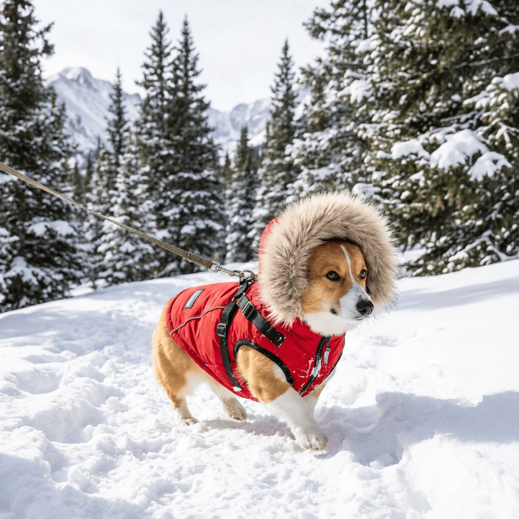 Pretty Paws Dog Coat on a dog in snowy landscape with a fur-trimmed hood and padded design for warmth and comfort.